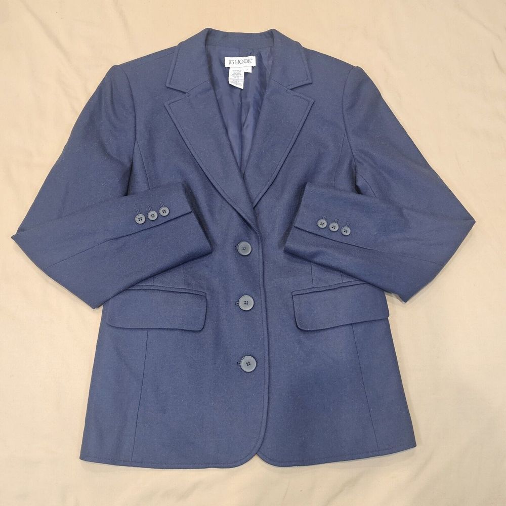 JG Hook Vintage Wool Blend Blazer ‎ Women Navy Two-Button Pocket V-Neck